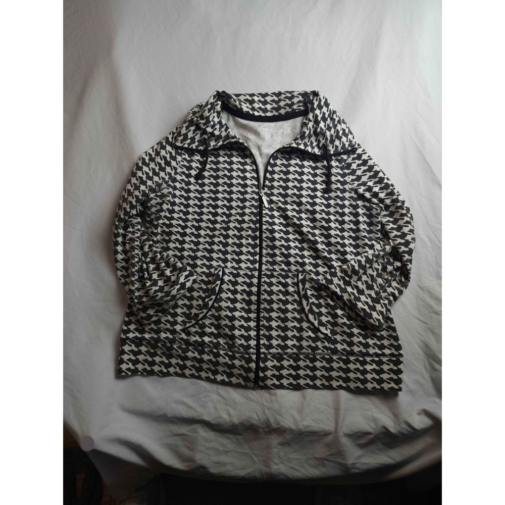 Kim Rogers Jacket Womens Size PM White Black Houndstooth Full Zip Cowl Neck
